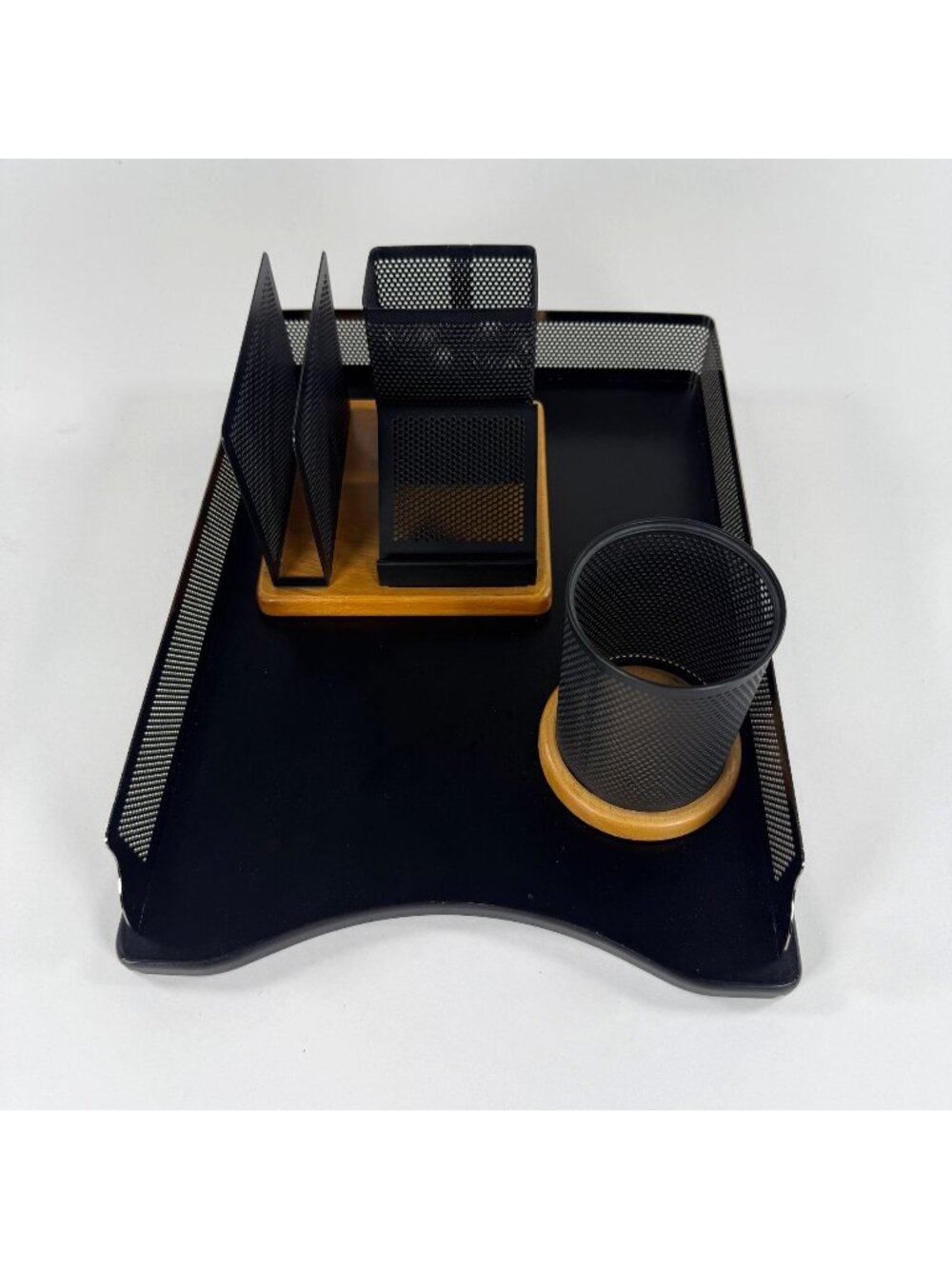 Newell Rubbermaid Mesh & Wood Office Desk Organizer Set Letter Tray Pen Caddy